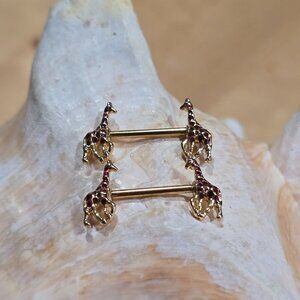 Pair of 14G gold plated giraffe ends nipple bars - externally threaded